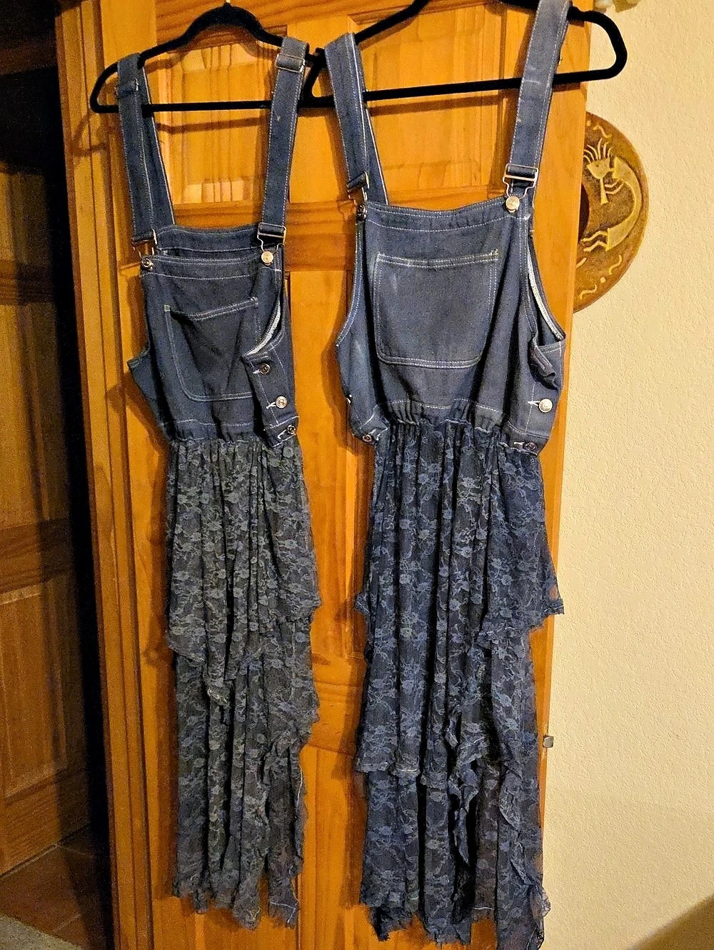 Blue Floral Lace Ruffle Overalls Dress Size M & size L Handmade and Hand Dyed